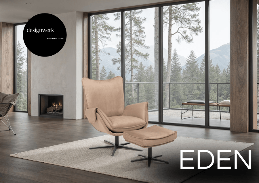 Polstersessel mit Hocker und Kreuzfuß. Aufschrift "Eden"